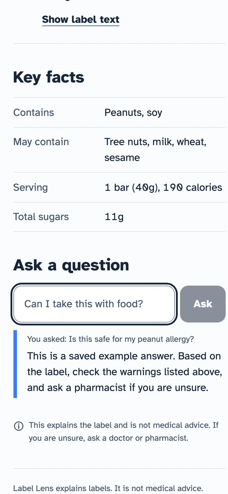A follow-up question about the label with its answer written underneath.
