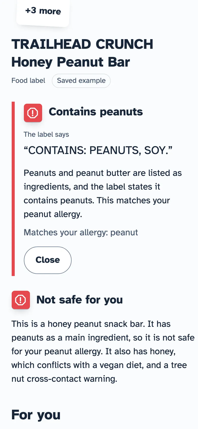 An opened Contains peanuts warning that quotes the label: CONTAINS: PEANUTS, SOY.