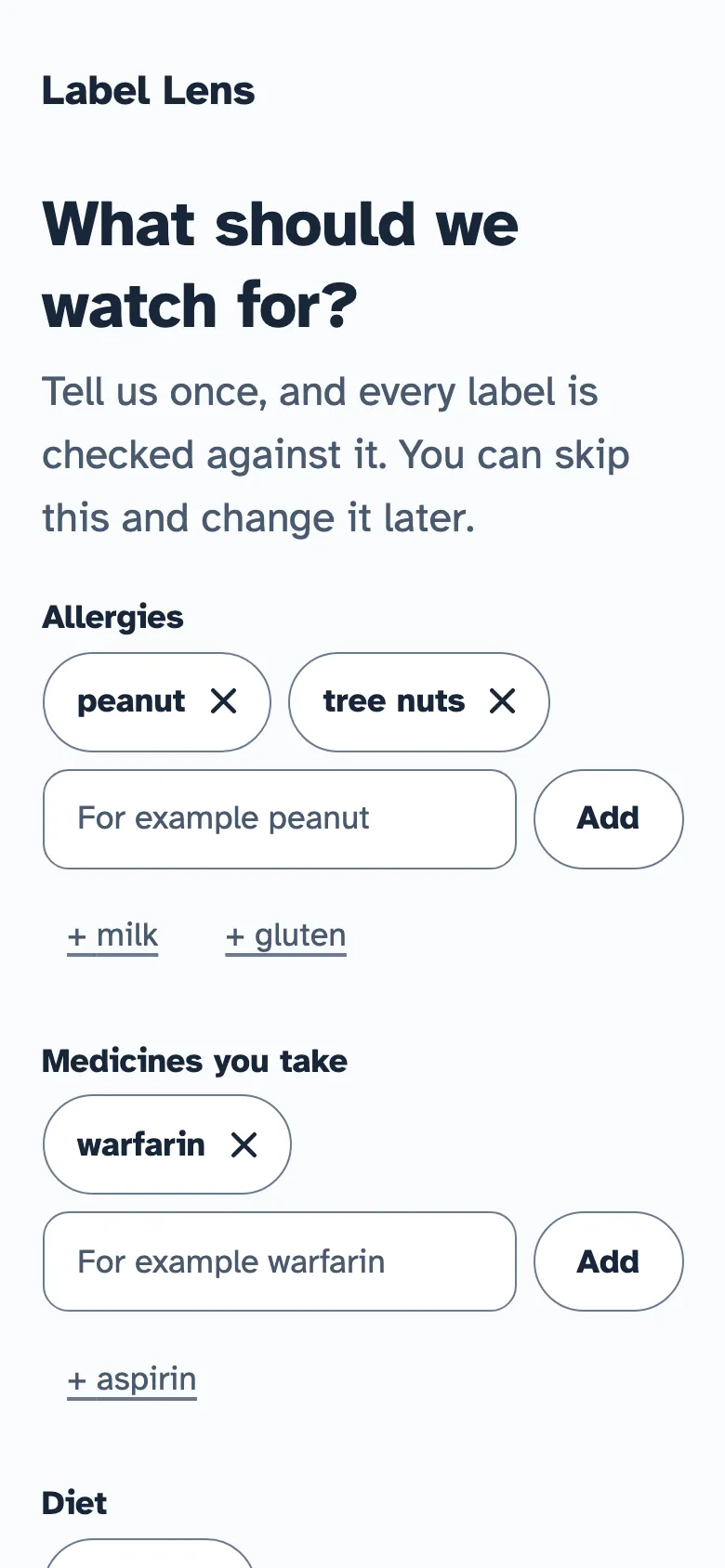 The profile screen, listing a peanut and tree nut allergy, warfarin, and a vegan diet.